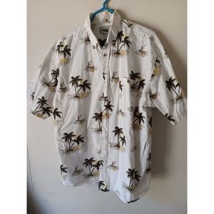 Michael Austin Mens Hawaiian Shirt XL Cotton Short Sleeve Pam Trees Cream